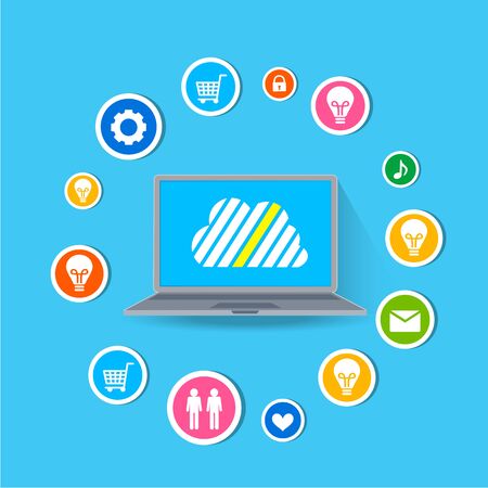 Cloud surrounded by abstract computer network with integrated circles and icons for digital, network, Internet, connect, S Ocial Media, communicate Infographic design backgroundのイラスト素材