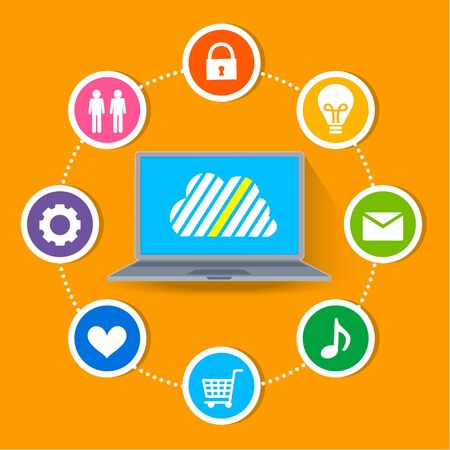 Cloud surrounded by abstract computer network with integrated circles and icons for digital, network, Internet, connect, S Ocial Media, communicate Infographic design backgroundのイラスト素材