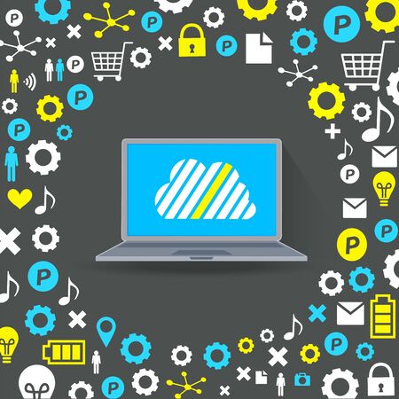 Cloud surrounded by abstract computer network with integrated circles and icons for digital, network, Internet, connect, s Ocial Media, communicate Infographic design backgroundのイラスト素材