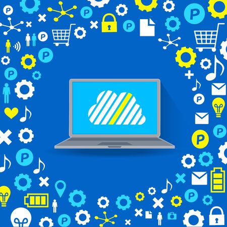 Cloud surrounded by abstract computer network with integrated circles and icons for digital, network, Internet, connect, s Ocial Media, communicate Infographic design backgroundのイラスト素材