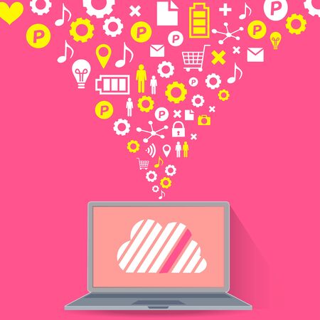 Cloud surrounded by abstract computer network with integrated circles and icons for digital, network, Internet, connect, S Ocial Media, communicate Infographic design backgroundのイラスト素材