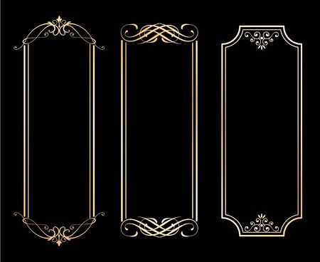 Vector set of vintage elements for design. Ornamental frames, borders, dividers, banners, arrows, monogram, corners, square, template. Pear and flower vignette. Premium gold styleのイラスト素材