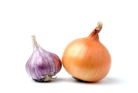 Garlic and onion bulbs isolated on white backgroundの写真素材