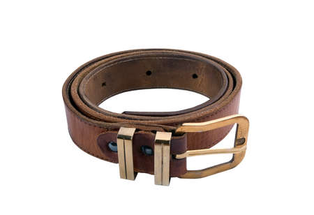 Old leather belt isolated on the white backgroundの写真素材