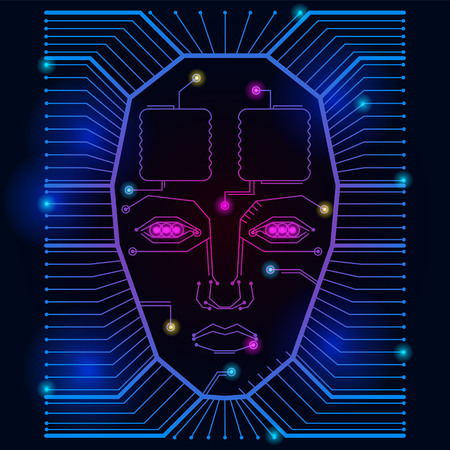 abstract red vector background with high tech circuit Board lights and the face of a man. epsのイラスト素材