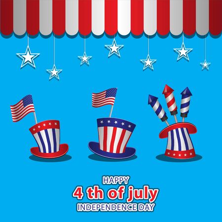 The US independence day on 4 July. Three hats flags fireworks stars stripes.のイラスト素材