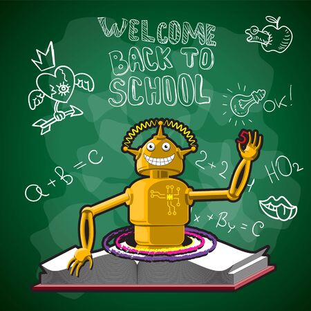 Vector illustration of back to school, the school Board robot book portal drawings with chalk on the Board.のイラスト素材