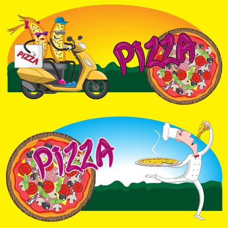 Chef character pizza scooter food box isolated on yellow background. Flyer design element.のイラスト素材