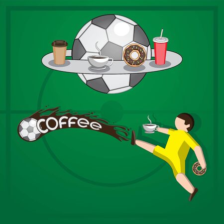 Background football player hits the ball liquid coffee letters Cup doughnut packaging on isolated background.のイラスト素材
