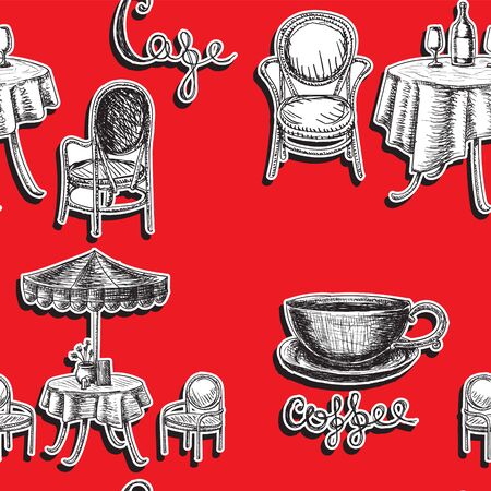 Seamless background hand drawn cafe chair table umbrella Cup coffee bottle.のイラスト素材