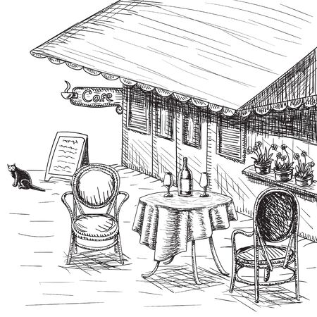 French Street Cafe, Hand drawn on white background.のイラスト素材