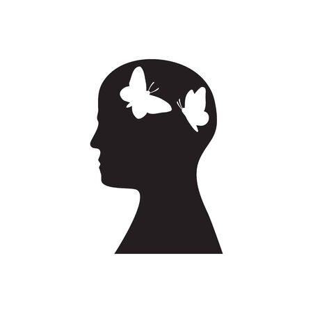 Silhouette of a head with butterflies flying inside on a white isolated background.のイラスト素材