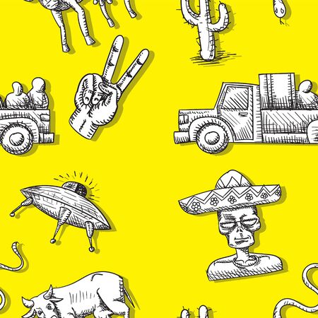 seamless background of flying saucer alien cow van cactus snake arm on a yellow background.のイラスト素材