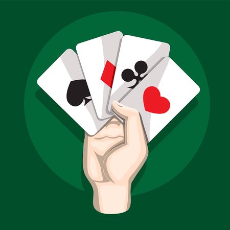 Hand with playing cards on green isolated background. Vector image. eps 10