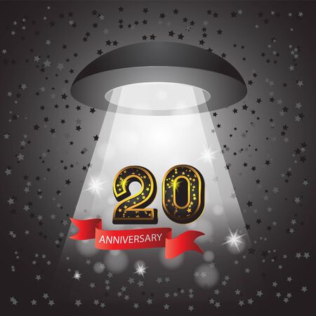 Celebrating the Golden jubilee of 20 years with ribbon number of star light UFO on isolated black background.のイラスト素材