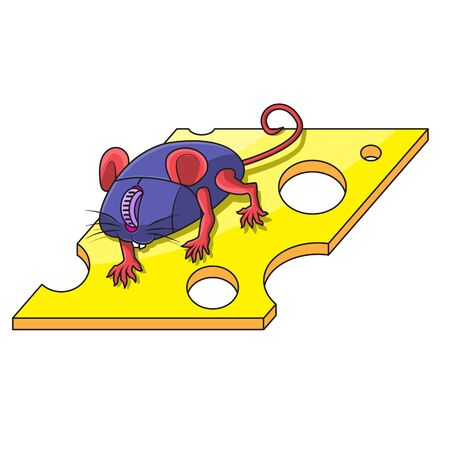 A computer mouse with paws and ears runs along a cheese path on a white isolated background. Vector image. eps 10のイラスト素材