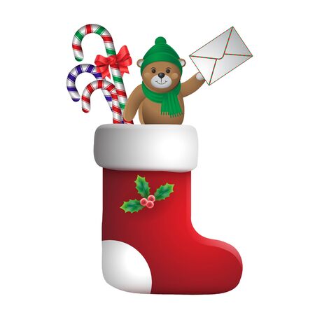 Christmas sock with gifts striped candy toy Teddy bear letter on white isolated background.のイラスト素材