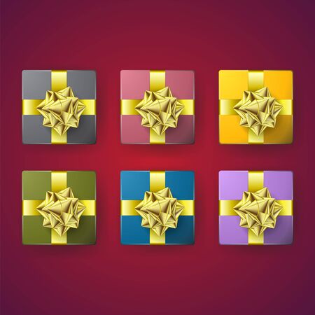 Set of multi-colored gift boxes with a gold bow on the insulated layer. Vector image. eps 10のイラスト素材