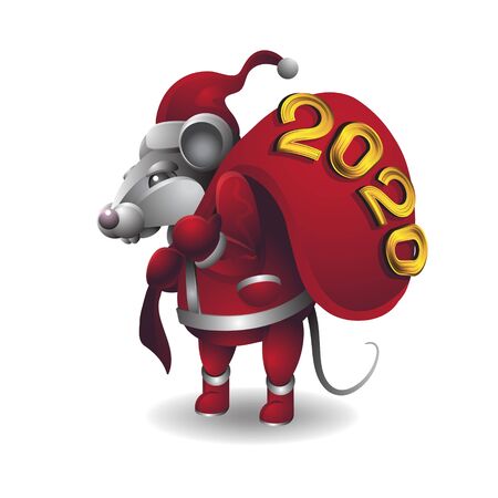 Animal mouse character in Santa Claus costume with bag of toys on white isolated background. Vector image eps 10のイラスト素材