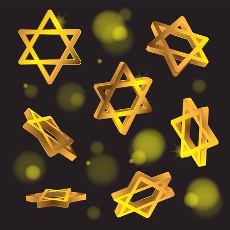 Golden six-pointed Jewish star of David 3D on isolated black backgroundのイラスト素材