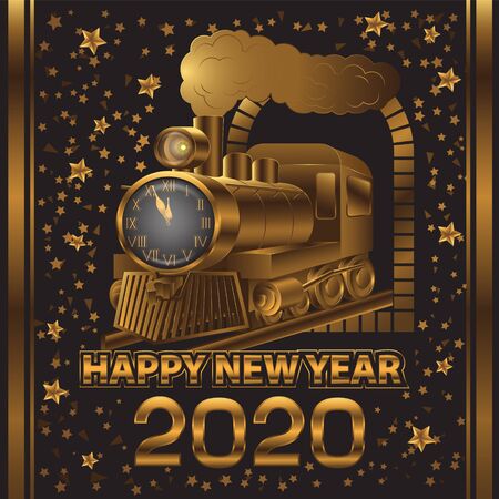 Happy new year 2020 steam locomotive tunnel Golden clock on isolated black background.のイラスト素材