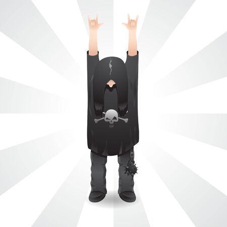 The long-haired rocker holds up a horn sign in a skull t-shirt on isolated background.のイラスト素材