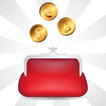 Red wallet and gold coins Euro dollar bitcoin on isolated background.のイラスト素材