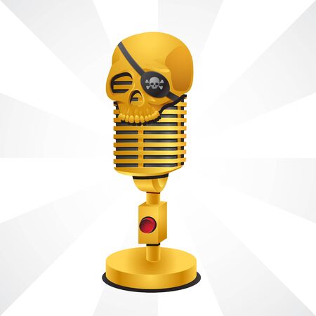 Old gold microphone and skull with headband on isolated background.のイラスト素材