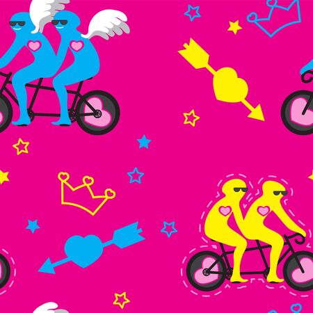 Seamless pattern double bike with bicyclists wings heart arrow stars people on pink background. Vector image. Abstraction. eps 10のイラスト素材