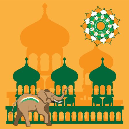 Orange abstract isolated background with an elephant, the temples of the sun. Vector image.のイラスト素材
