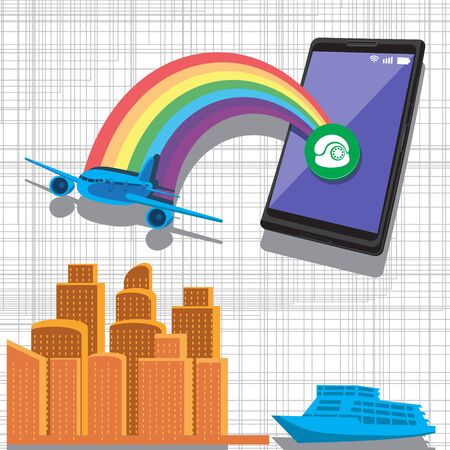 Smartphone passenger plane ship transportation city icons on isolated background. Vector image esp 10のイラスト素材