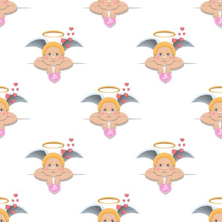 Seamless pattern of a little Cupid holding a Valentines day card on a white background. Vector image.のイラスト素材
