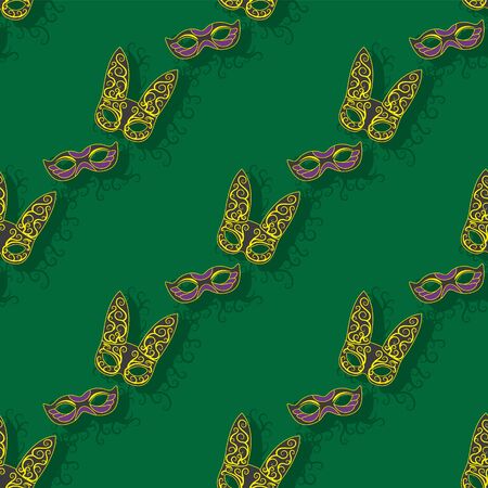 Mardi Gras seamless pattern with carnival masks on a green background. Vector image eps 10のイラスト素材