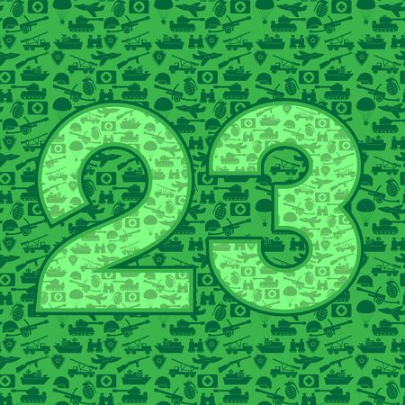 February 23 Fatherland day postcard with army icons tank plane shield green background. Vector image. eps 10のイラスト素材