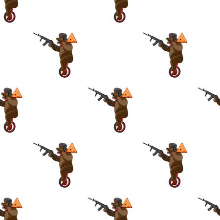 seamless pattern bear rides a unicycle with a balalaika and a machine gun in his hands on a white background. Vector imageのイラスト素材