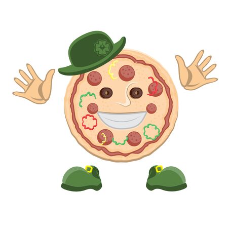 Pizza character face in a green top hat  clover hands and shoes on a white isolated background. Vector imageのイラスト素材