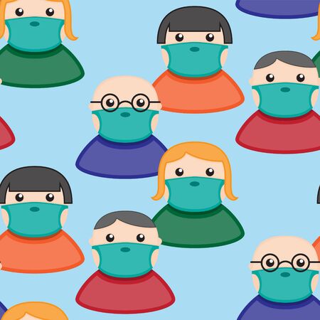 Seamless pattern of people in protective medical masks on a blue background. Vector imageのイラスト素材