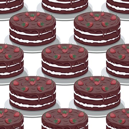 Seamless pattern of sweet chocolate cake with strawberries on a white background. Vector imageのイラスト素材