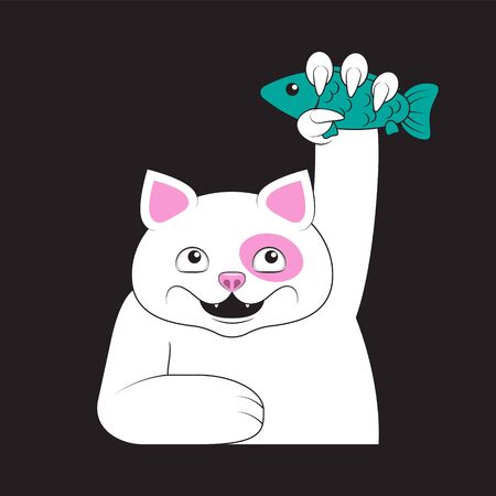 A cat holds a fish in its paw on a black isolated background. Vector image eps 10のイラスト素材