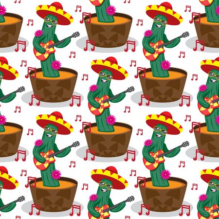seamless pattern with cactus cartoon character with a guitar pot hat glasses on a white background. Vector imageのイラスト素材