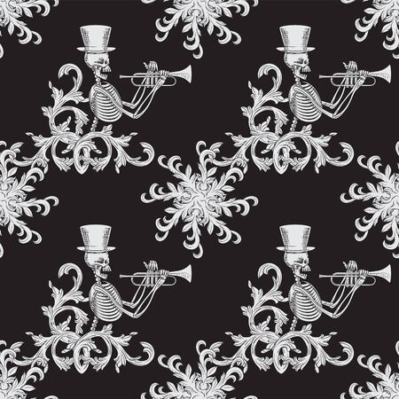 seamless pattern of a skeleton in a hat playing on a pipe and a plant on a black background.のイラスト素材