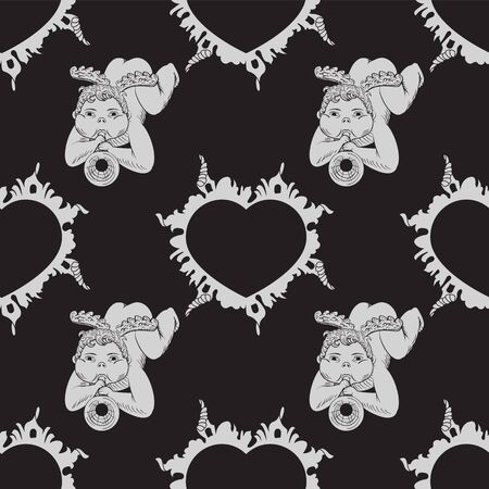 seamless pattern of an angel blowing a trumpet on a black background with hearts.のイラスト素材