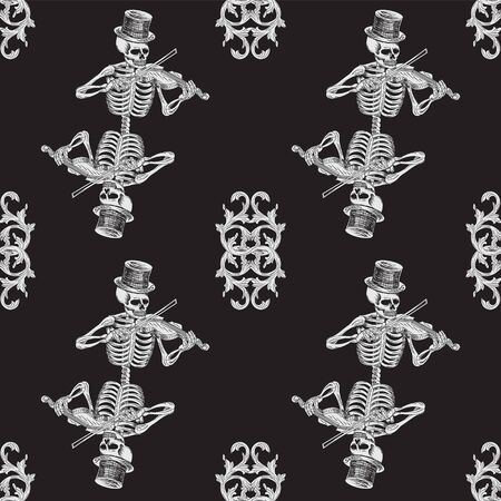 Seamless pattern of a skeleton in a hat playing a violin on a black background.のイラスト素材