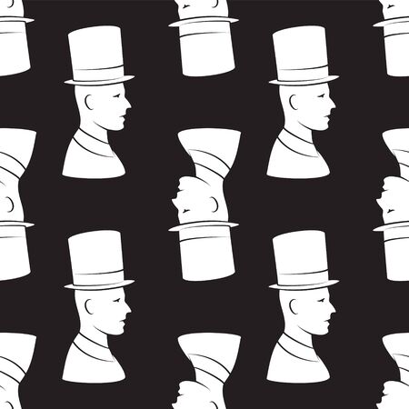 seamless pattern of a head in a vintage hat on a black background. Vector imageのイラスト素材