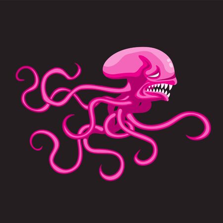octopus pink cartoon on black isolated background. Vector image eps 10のイラスト素材
