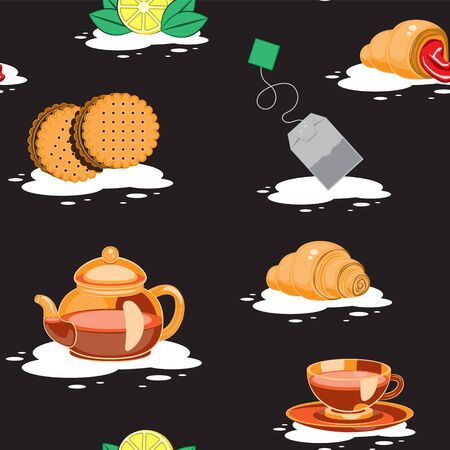 seamless pattern tea bag Cup croissants cookies teapot lemon on black background. Vector imageのイラスト素材
