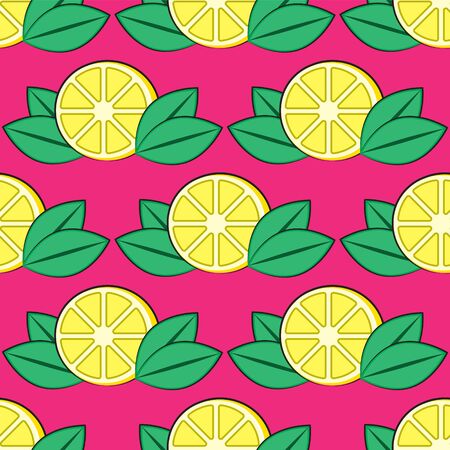 seamless lemon pattern with leaves on a pink background. Vector imageのイラスト素材