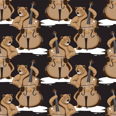 seamless pattern of a bear playing a double bass on a black background.のイラスト素材