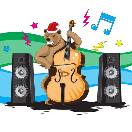 A bear plays a double bass in a hood music from speakers on a white isolated background. Vector image eps 10のイラスト素材