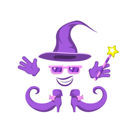 set of witch hat glasses gloves boots wand magic smile on a white isolated background. Vector image eps 10のイラスト素材